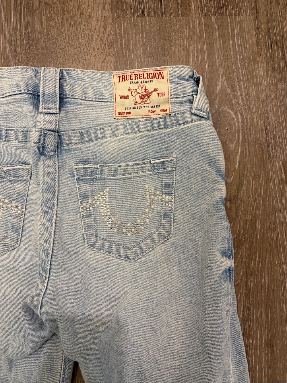 True Religion Women's Light Blue Denim Jeans with Rhinestone Back Pockets